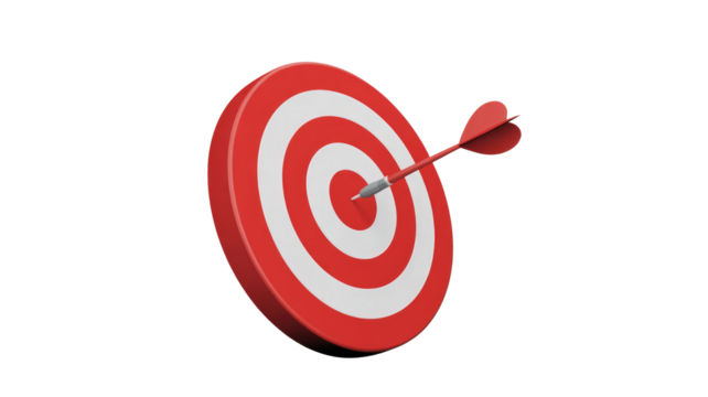 A 3D render of a red and white dartboard with a red dart precisely hitting the bullseye, symbolizing accurate aim and successful goal achievement. background removed