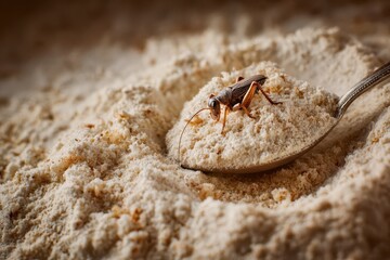 Close-Up of Crunchy Cricket Flour on a Spoon: An Edible and Exotic Ingredient for Unique Cookery