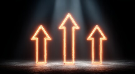 Three glowing arrows pointing upwards in a dark room. Concept of progress and growth