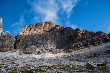 Nature landscape around the Tre Cime di Lavaredo (Three Peaks), Tre Cime Natural Park, Southern Dolomites, Italy. Rifugio Auronzo &ndash; Rifugio Lavaredo &ndash; Rifugio Locatelli &ndash; return via Pian di Cengia.