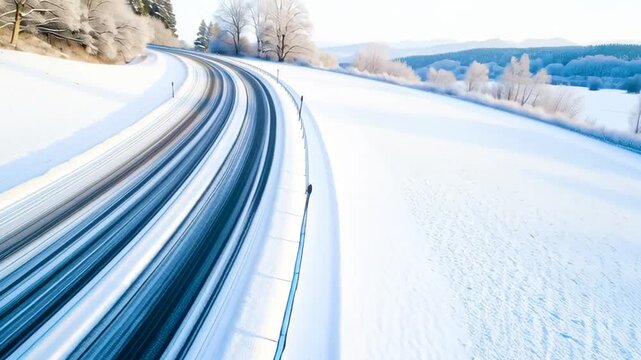 Winter Wonderland Highway: A picturesque winter scene unfolds as a winding highway cuts through a snow-covered landscape. The scene captures the essence of a serene, cold winter day.