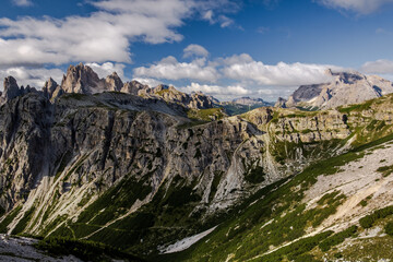 Nature landscape around the Tre Cime di Lavaredo (Three Peaks), Tre Cime Natural Park, Southern Dolomites, Italy. Rifugio Auronzo &ndash; Rifugio Lavaredo &ndash; Rifugio Locatelli &ndash; return via Pian di Cengia.