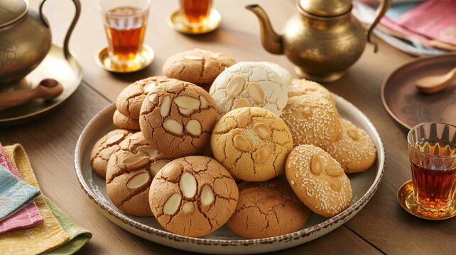 Delicious ghriba displayed on vintage plate, featuring almond and sesame seeds. Ghriba are traditional treats perfect for celebrations, events