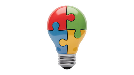 A vibrant lightbulb formed from four interlocking puzzle pieces, symbolizing collaborative ideation, problem-solving, and the integration of diverse ideas for creative solutions. background removed
