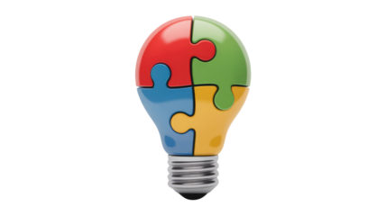 A vibrant lightbulb formed from four interlocking puzzle pieces, symbolizing collaborative ideation, problem-solving, and the integration of diverse ideas for creative solutions. background removed