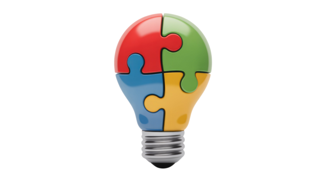 A vibrant lightbulb formed from four interlocking puzzle pieces, symbolizing collaborative ideation, problem-solving, and the integration of diverse ideas for creative solutions. background removed
