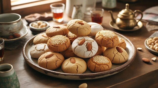 Delicious ghriba displayed on vintage plate, featuring almond and sesame seeds. Ghriba are traditional treats perfect for celebrations, events