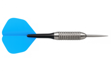 Blue dart with metallic barrel and black shaft. Equipment for playing games, hitting targets, and achieving goals. Transparent background