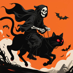 Grim Reaper cartoon vector riding a giant black cat with glowing red eyes. Halloween themed illustration with bats, orange sky, and spooky atmosphere. Perfect for fantasy and horror designs.