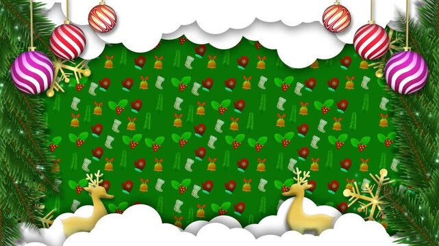 Two golden reindeer stand on white snowdrifts in this layered holiday frame. The green background features a pattern of stockings bells and mittens.
