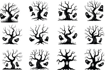 PrintHalloween tree silhouettes, spooky forest, ghost figures, haunted trees, black icons, eerie design, seasonal art, vector illustration, creepy branches, horror theme