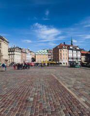 Riga Old Town view, Latvia, streets of  Vecriga historical center with Town Hall square, House Of The Black Heads, Cathedral and church, travel to Latvia and Baltic States, summer day with a blue sky