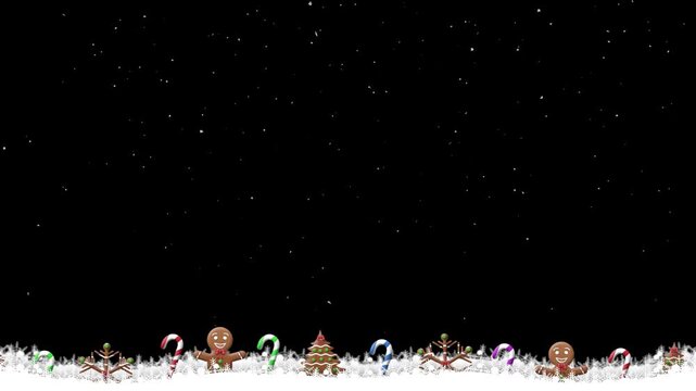 A clean holiday frame with a black background and falling snow. The bottom border features gingerbread cookies and colorful candy.