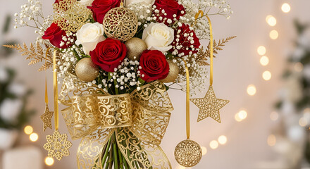 Festive Christmas Flower Bouquet with Gold Ornaments