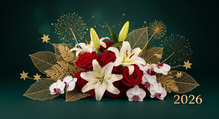 Festive Floral Arrangement with Fireworks and Year 2026