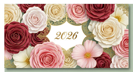 Floral arrangement with roses and the year 2026 in a decorative frame