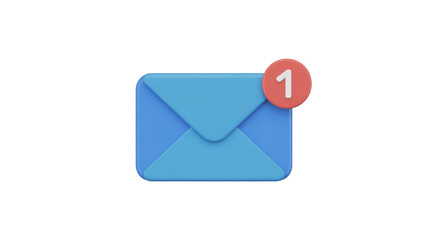 A 3D rendered light blue email envelope featuring a red circular notification badge with the number '1' inside. background removed