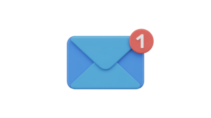 A 3D rendered light blue email envelope featuring a red circular notification badge with the number '1' inside. background removed