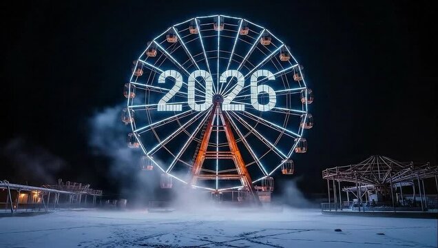 Ferris wheel with 2026 number at night in winter