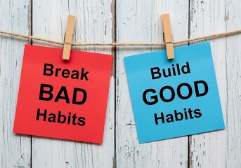 a close up shot displays two colorful index cards suspended by wooden clothespins from a string showcasing contrasting messages of breaking bad habits and building