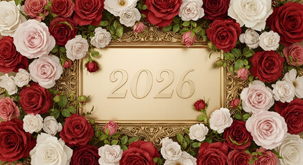 Festive 2026 New Year floral frame with red and pink roses