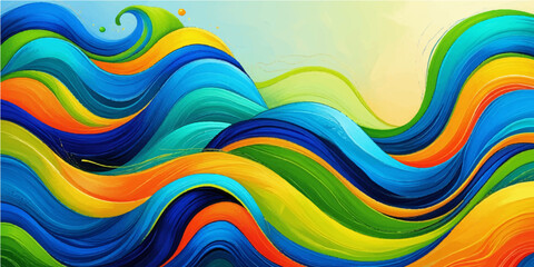 Abstract colorful background with flowing rainbow waves and bright geometric curves creating a vibrant vector illustration texture for a modern art wallpaper