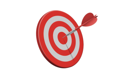 A vibrant red and white dartboard with a red dart precisely hitting the bullseye, symbolizing perfect aim, achievement, and success. background removed