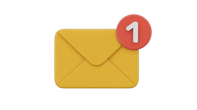 A 3D rendered yellow envelope icon with a red notification badge displaying the number '1', signifying one new message or unread email. background removed