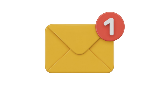 A 3D rendered yellow envelope icon with a red notification badge displaying the number '1', signifying one new message or unread email. background removed