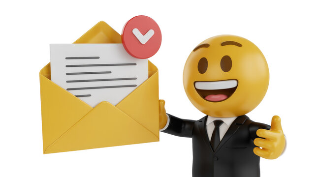 A cheerful 3D emoji in a suit gives a thumbs-up, presenting an open yellow envelope with a red new message notification. background removed