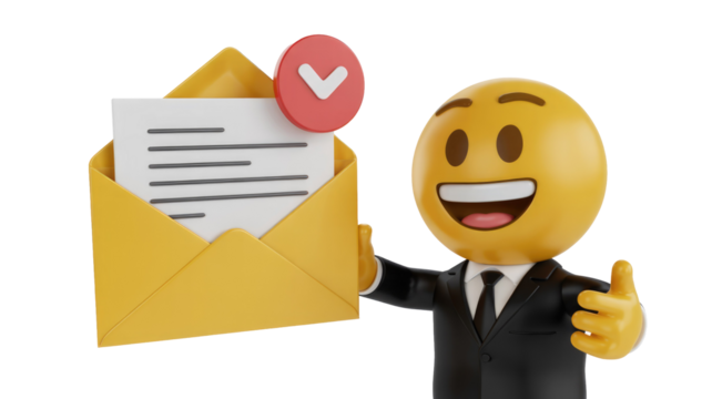 A cheerful 3D emoji in a suit gives a thumbs-up, presenting an open yellow envelope with a red new message notification. background removed