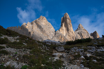 Nature landscape around the Tre Cime di Lavaredo (Three Peaks), Tre Cime Natural Park, Southern Dolomites, Italy. Rifugio Auronzo &ndash; Rifugio Lavaredo &ndash; Rifugio Locatelli &ndash; return via Pian di Cengia.
