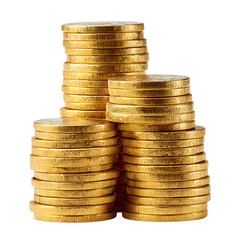 Stacks of shiny gold coins isolated on transparent background represent wealth