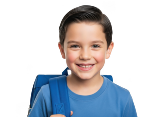 A cheerful young boy with dark hair and a bright smile wearing a blue shirt and backpack isolated on transparent background