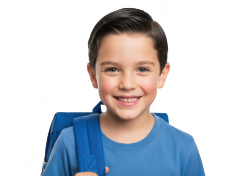 A cheerful young boy with dark hair and a bright smile wearing a blue shirt and backpack isolated on transparent background - Powered by Adobe