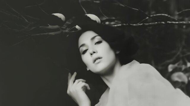 Mysterious woman waking up in a dark enchanted forest
