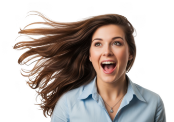 Surprised young woman with long brown hair blown back in a dynamic pose isolated on transparent background