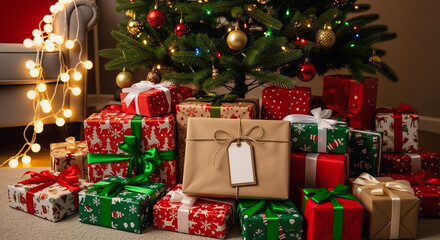 Blank Kraft Paper Gift Tag Mockup on Lit Christmas Tree  generated ai