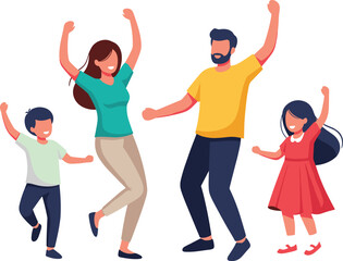 PrintHappy family illustration, cartoon style, two adults, two children, celebration pose, raised hands, joyful moment, vector art, bonding, togetherness