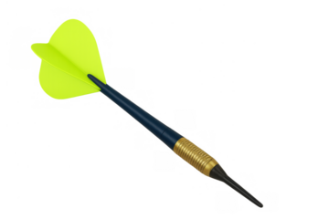 Dart with neon yellow flights and blue barrel, illustrating concepts of aiming, precision, and achieving goals
