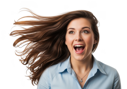 Surprised young woman with long brown hair blown back in a dynamic pose isolated on transparent background