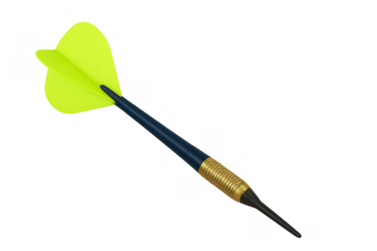 Dart with neon yellow flights and blue barrel, illustrating concepts of aiming, precision, and achieving goals