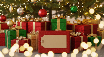 Blank Kraft Paper Gift Tag Mockup on Lit Christmas Tree  generated ai