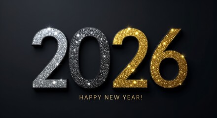 Sparkling silver and gold numbers 2026 with happy new year message on dark background