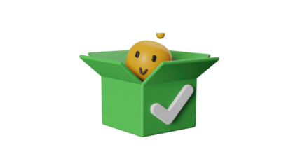 A happy 3D yellow character peeking from a green box with a white checkmark, symbolizing success, completion, or a confirmed delivery. background removed