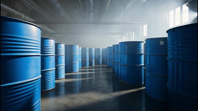 Rows of blue industrial barrels in a dimly lit warehouse with light rays, 4k video