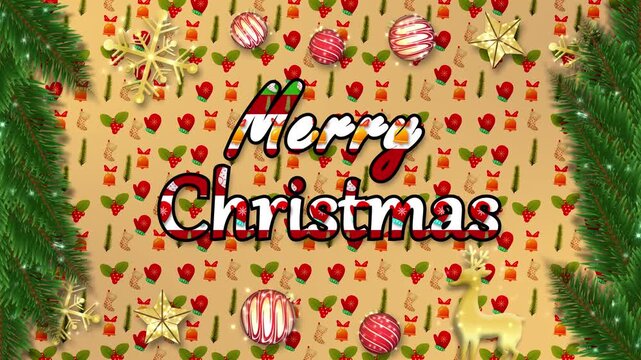 The words Merry Christmas in a festive font. The background is a holiday pattern with decorations.