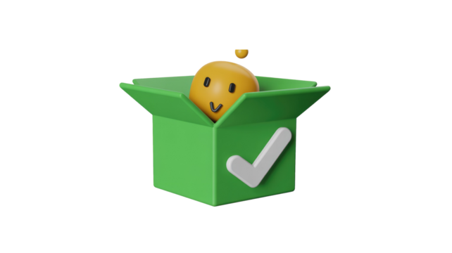 A happy 3D yellow character peeking from a green box with a white checkmark, symbolizing success, completion, or a confirmed delivery. background removed