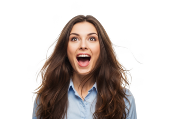 A young woman with long brown hair and wide eyes expresses extreme surprise and excitement with her mouth open wide isolated on transparent background