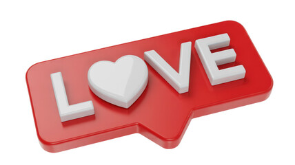 3D 'LOVE' text with a white heart replacing the 'O' on a glossy red social media notification icon, signifying affection. background removed
